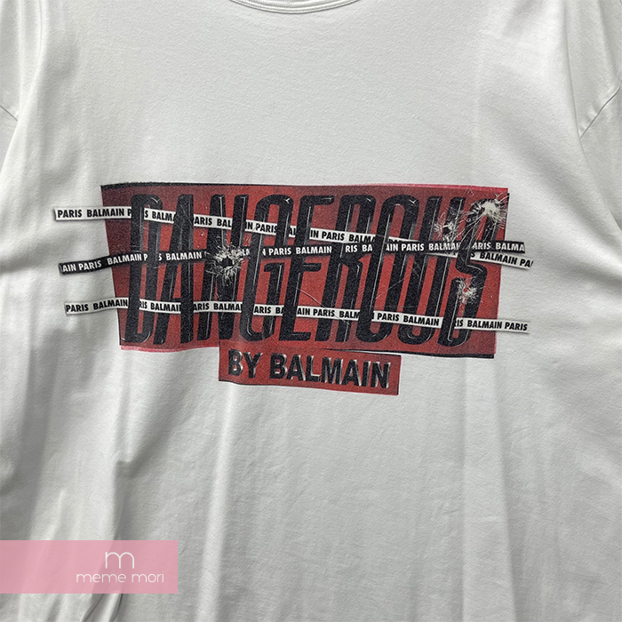 BALMAIN【中古-非常に良い】【XL】 BALMAIN Dangerous Print Tee RH01060I150 バルマン  デンジャラスプリントTシャツ 半袖カットソー ロゴ ホワイト×レッド×ブラック サイズXL